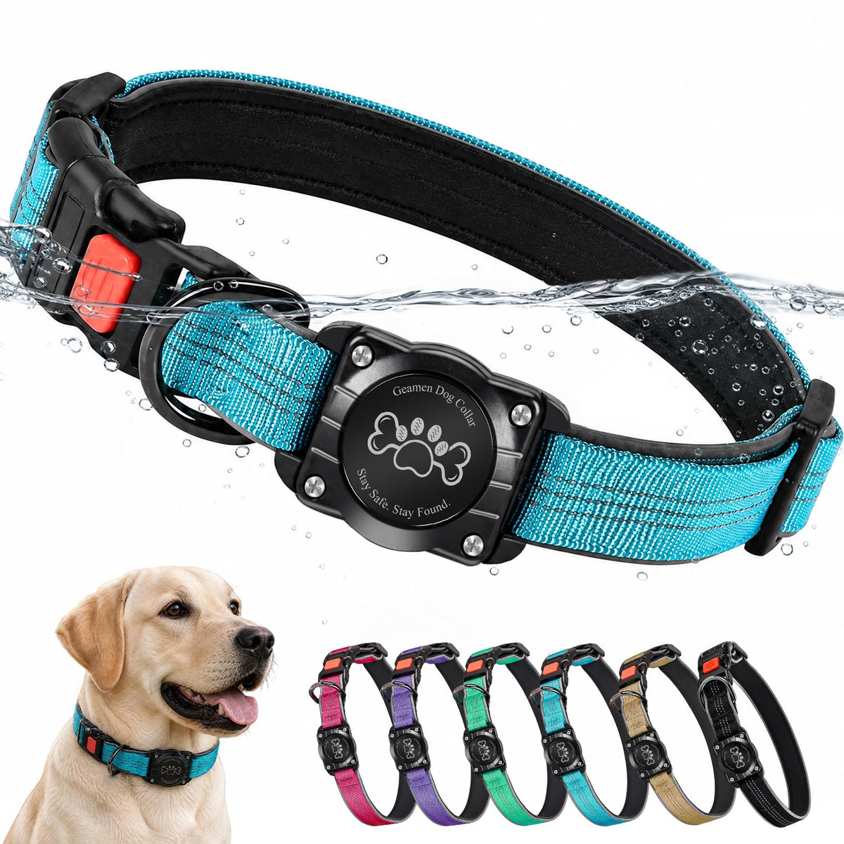 Blue IP68 Waterproof Reflective Dog Collar with AirTag Holder D298