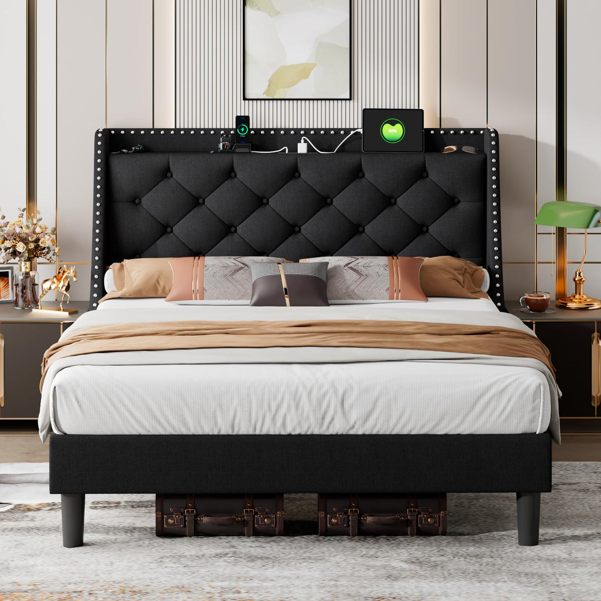 Queen Upholstered Platform Bed with Storage Headboard, Black F209722
