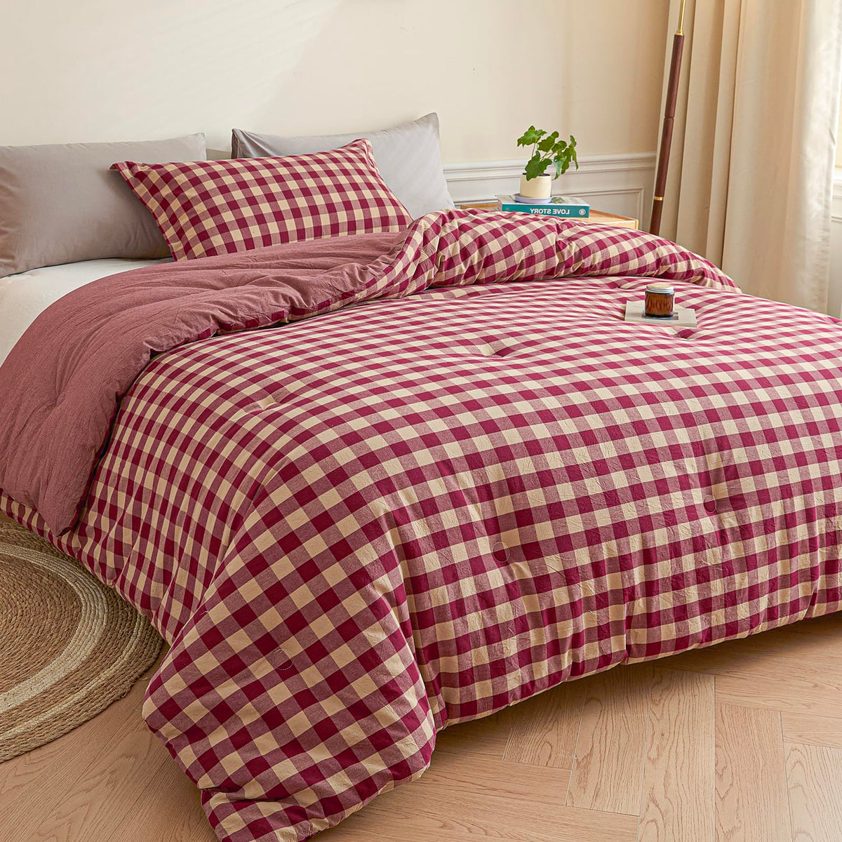 Cotton Plaid King Comforter Set 3 Pieces with 2 Pillow Shams Q78546