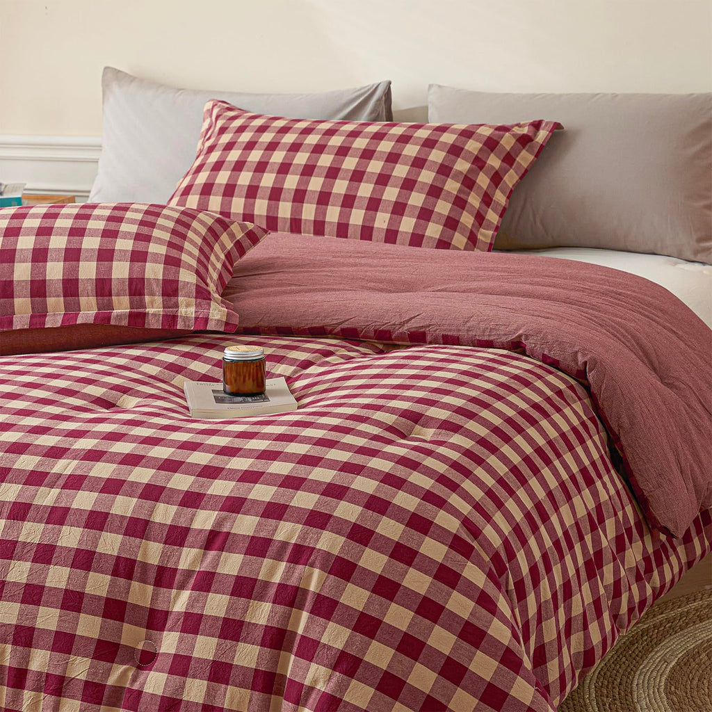 Cotton Plaid King Comforter Set 3 Pieces with 2 Pillow Shams Q78546
