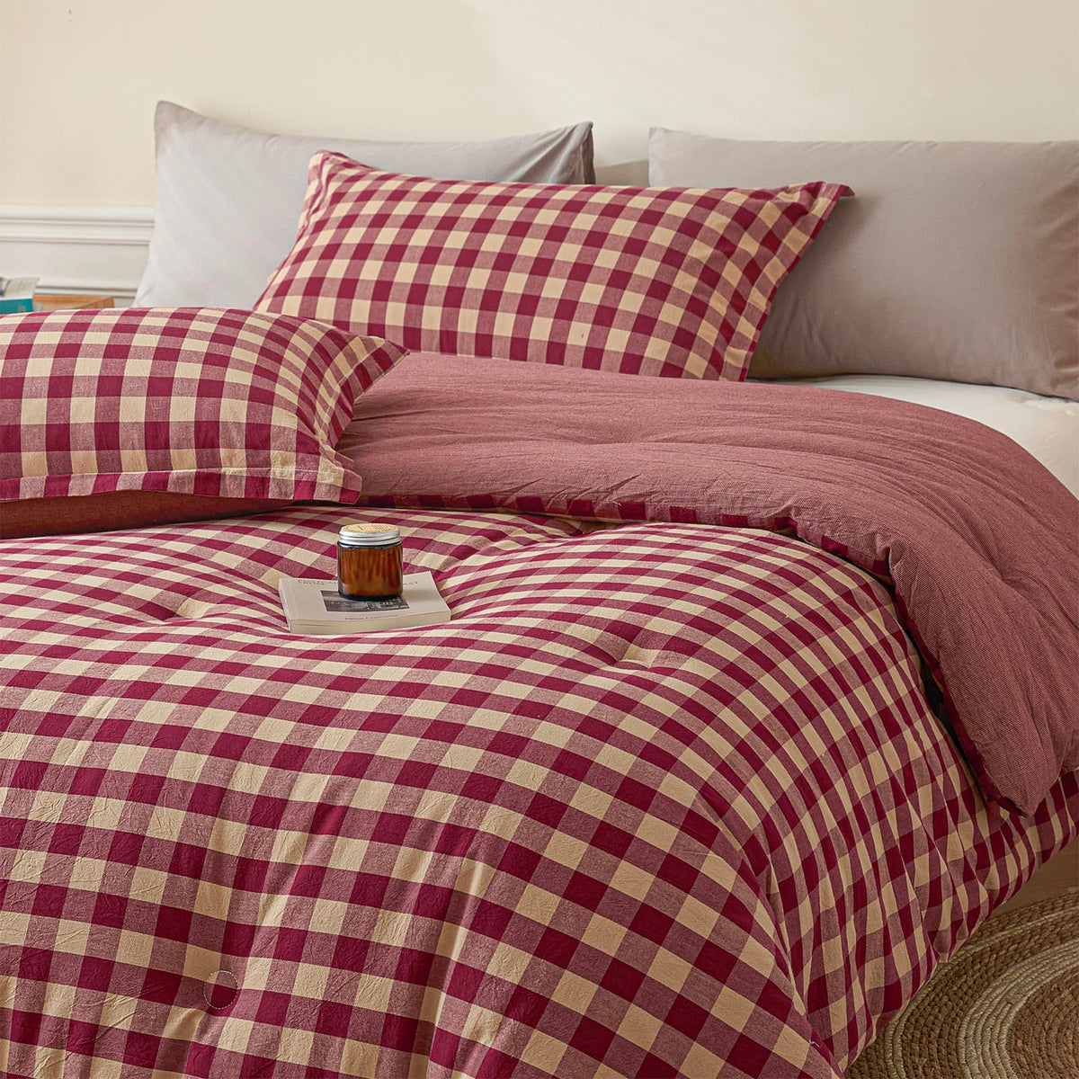 Cotton Plaid King Comforter Set 3 Pieces with 2 Pillow Shams Q78546