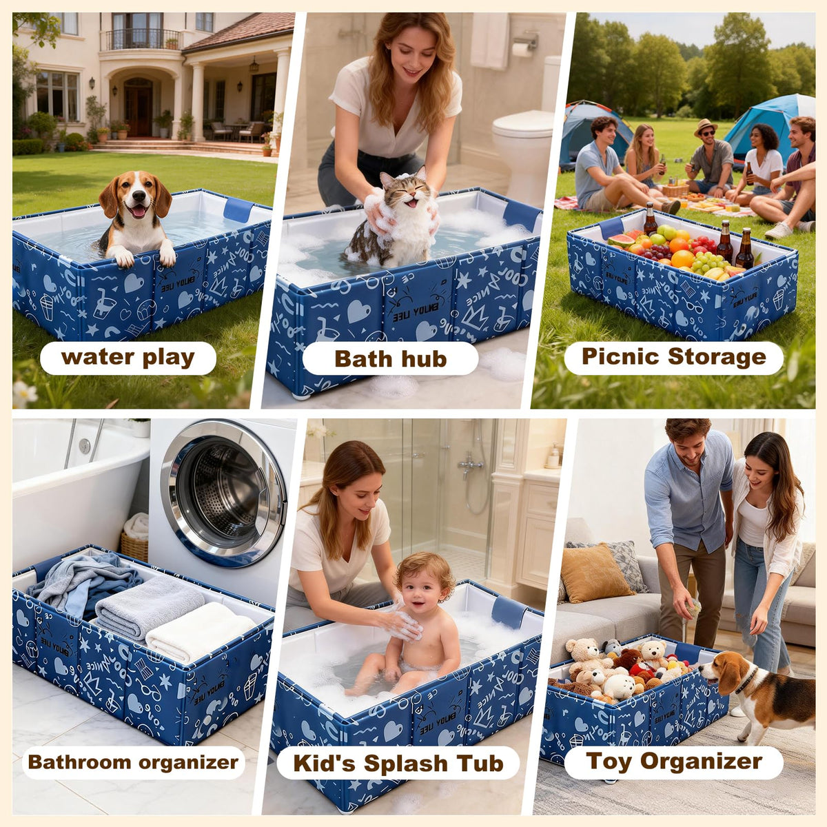 Foldable Dog Bathtub for Small to Medium Dogs & Cats, Blue W9847