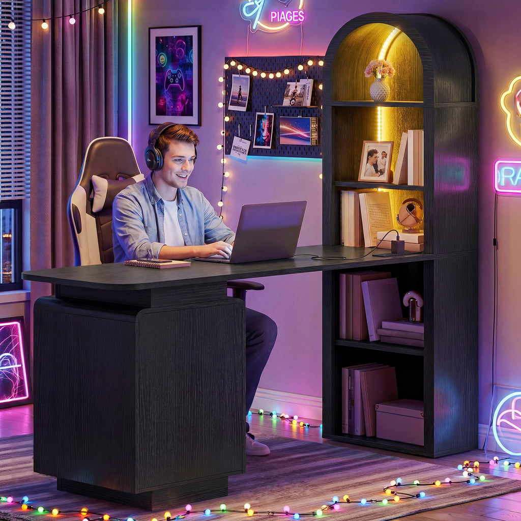 59" Computer Desk with LED Lights & Power Outlets, Black R876275