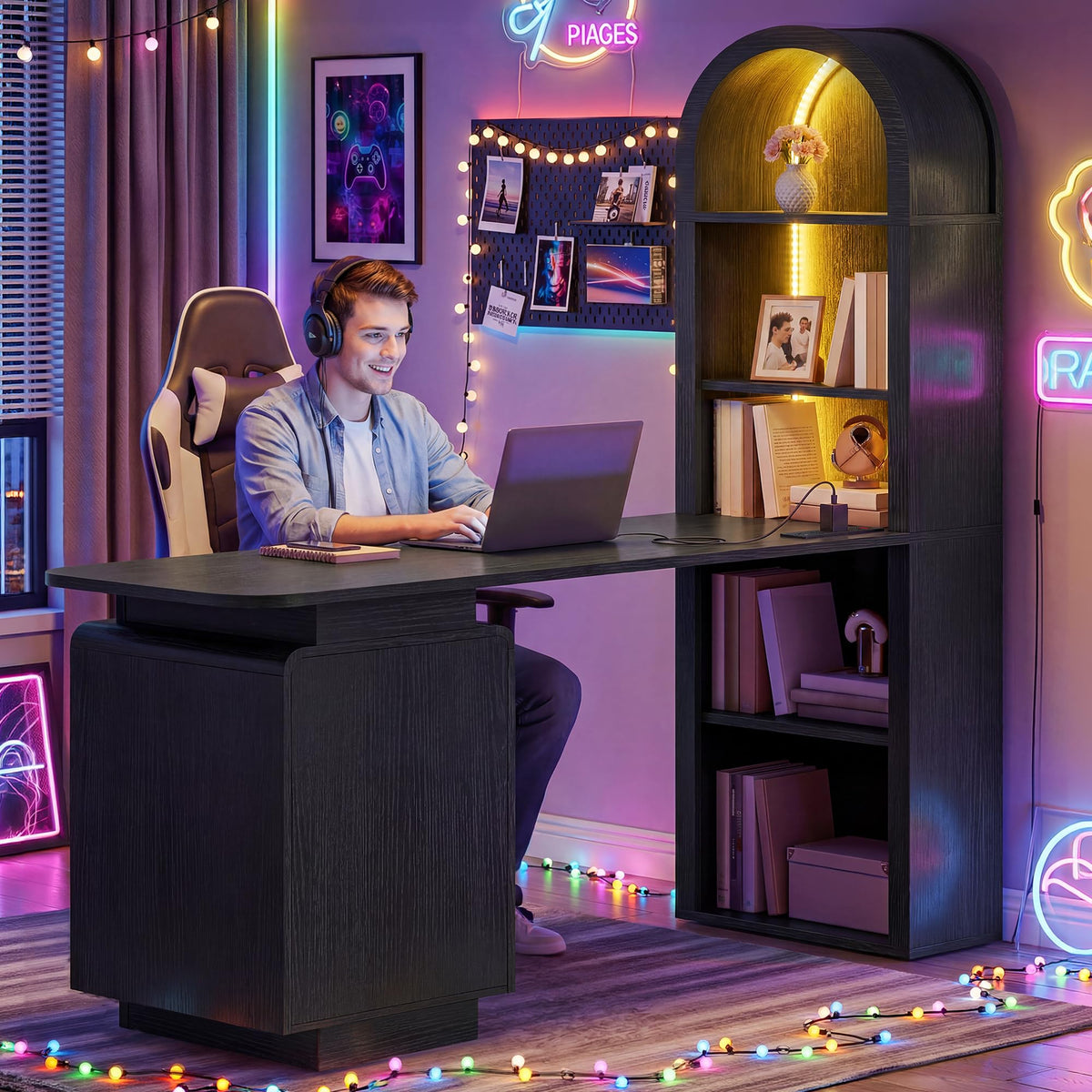59" Computer Desk with LED Lights & Power Outlets, Black R876275