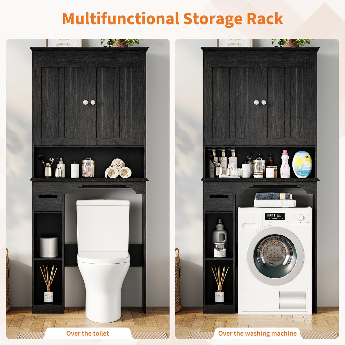30" Over Toilet Storage Cabinet with Toilet Paper Box, Black T340