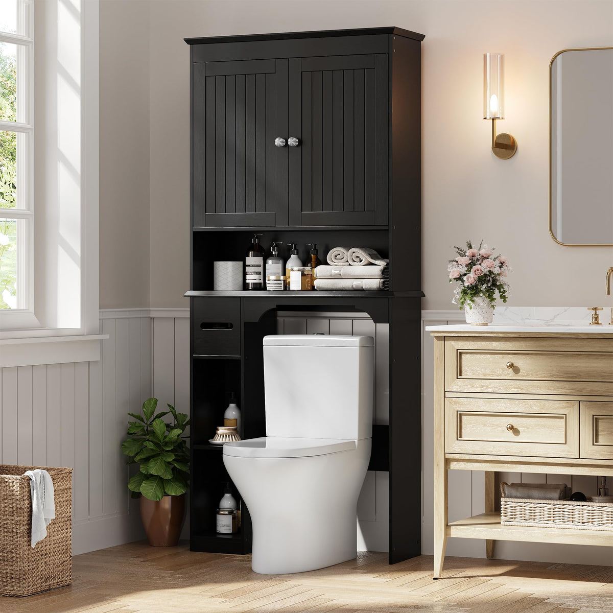 30" Over Toilet Storage Cabinet with Toilet Paper Box, Black T340