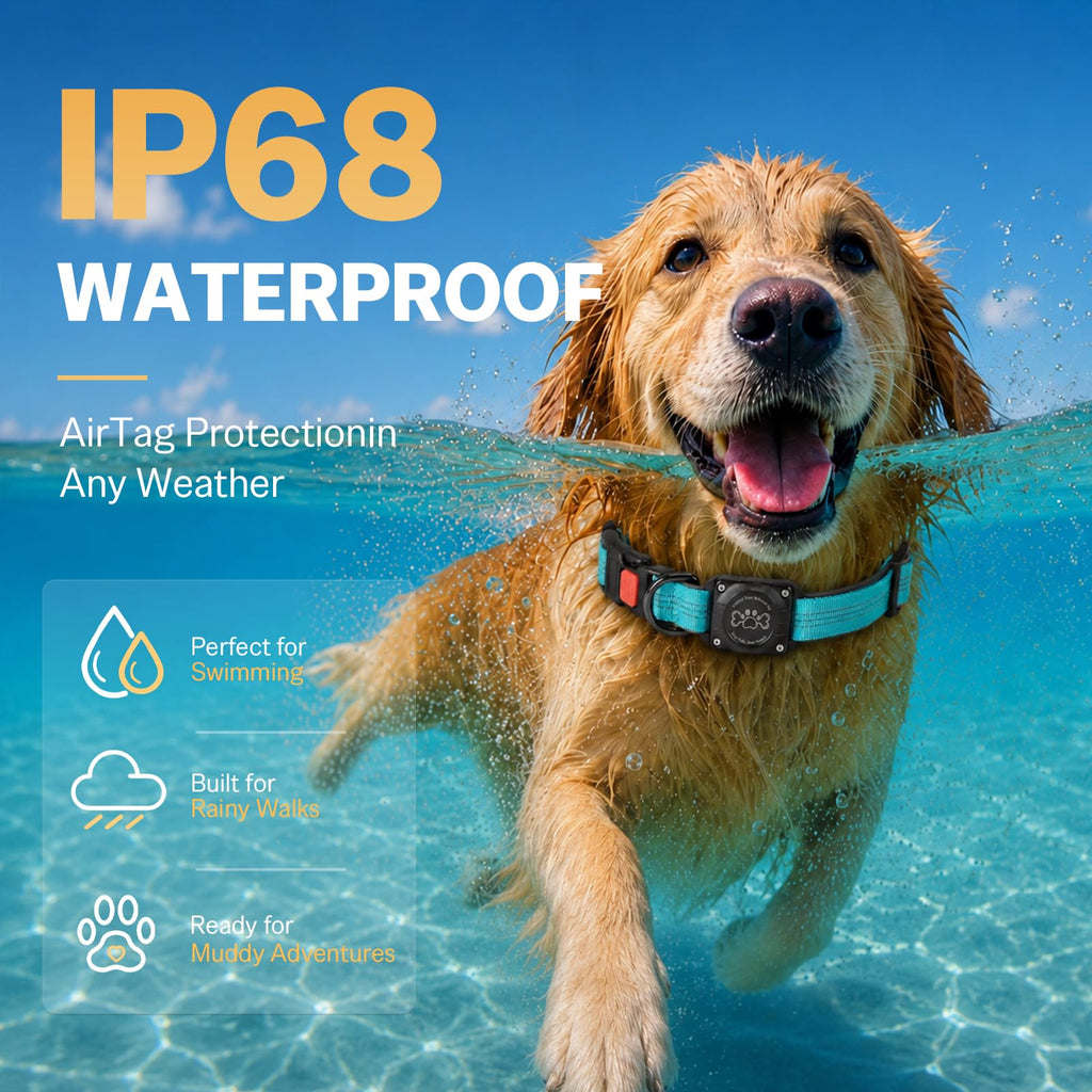 Blue IP68 Waterproof Reflective Dog Collar with AirTag Holder D298