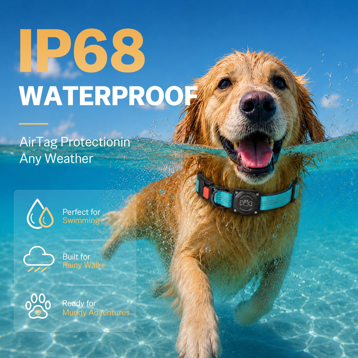 Blue IP68 Waterproof Reflective Dog Collar with AirTag Holder D298