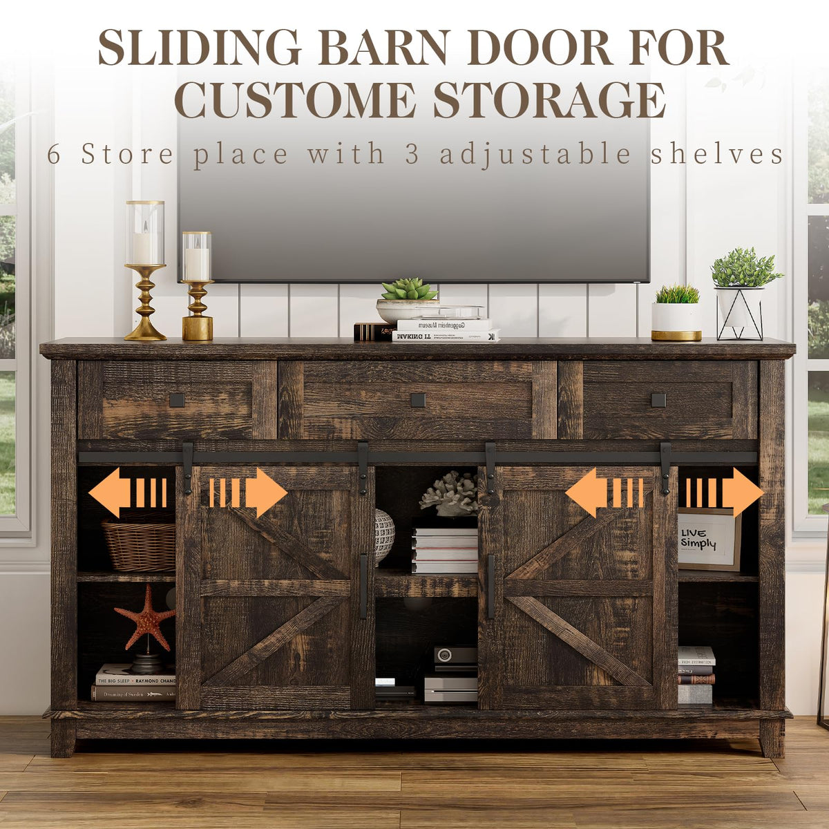 59" Dark Rustic Oak Farmhouse TV Stand with Storage Drawers L1682