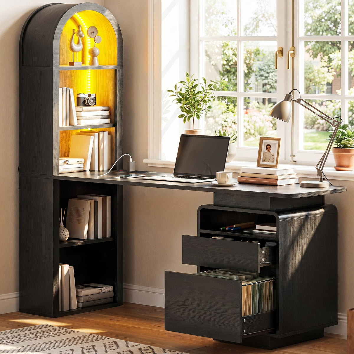 59" Computer Desk with LED Lights & Power Outlets, Black R876275