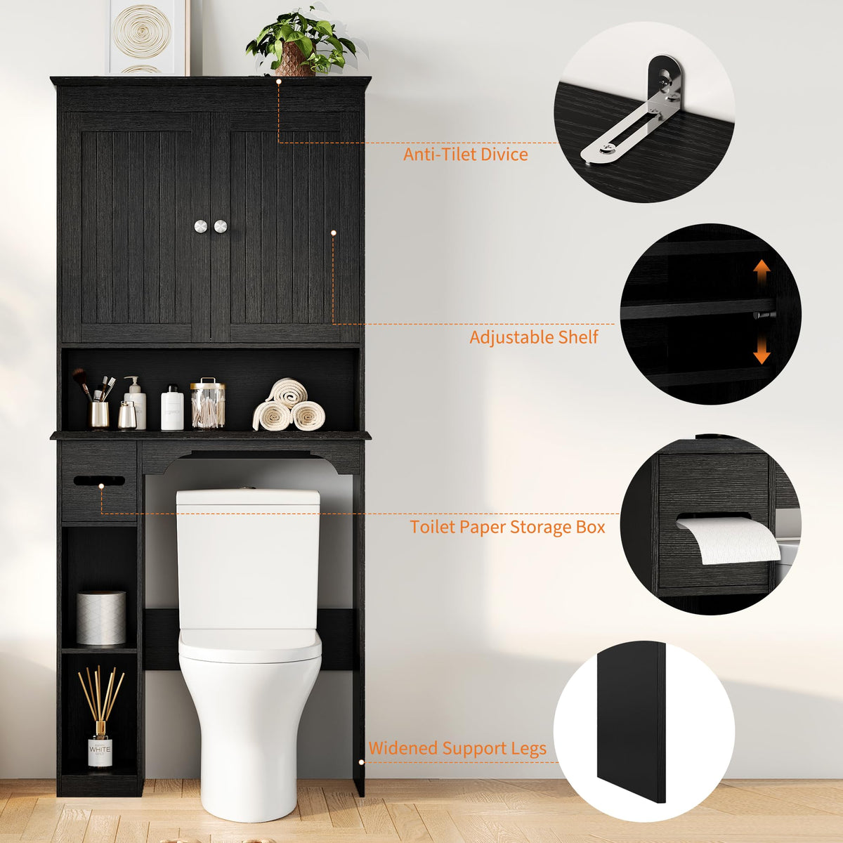 30" Over Toilet Storage Cabinet with Toilet Paper Box, Black T340