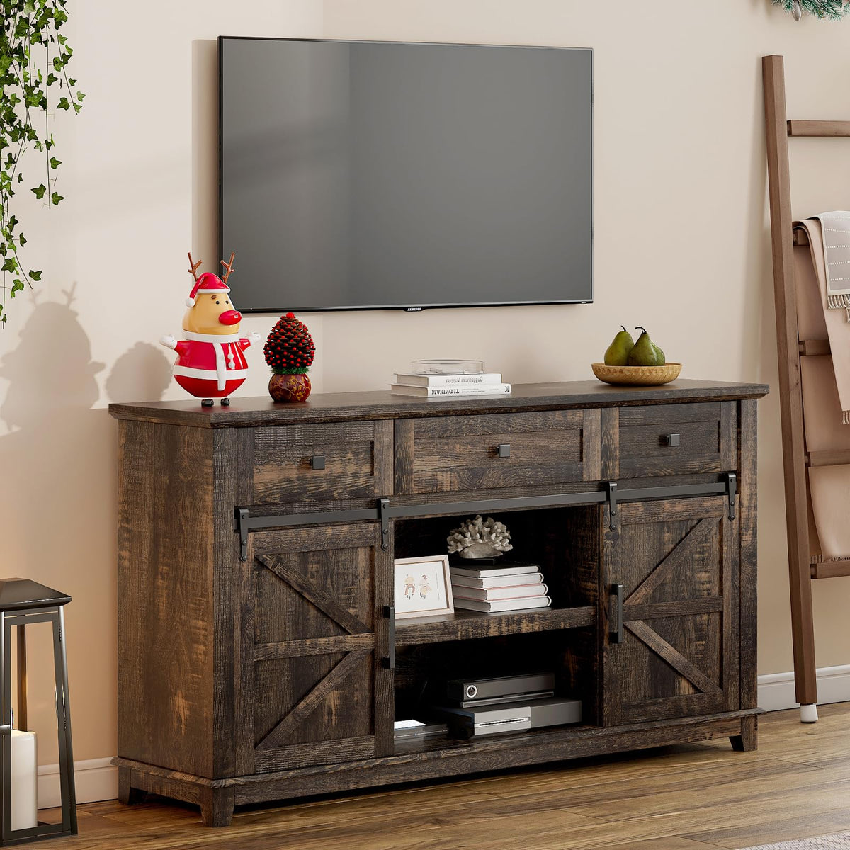 59" Dark Rustic Oak Farmhouse TV Stand with Storage Drawers L1682