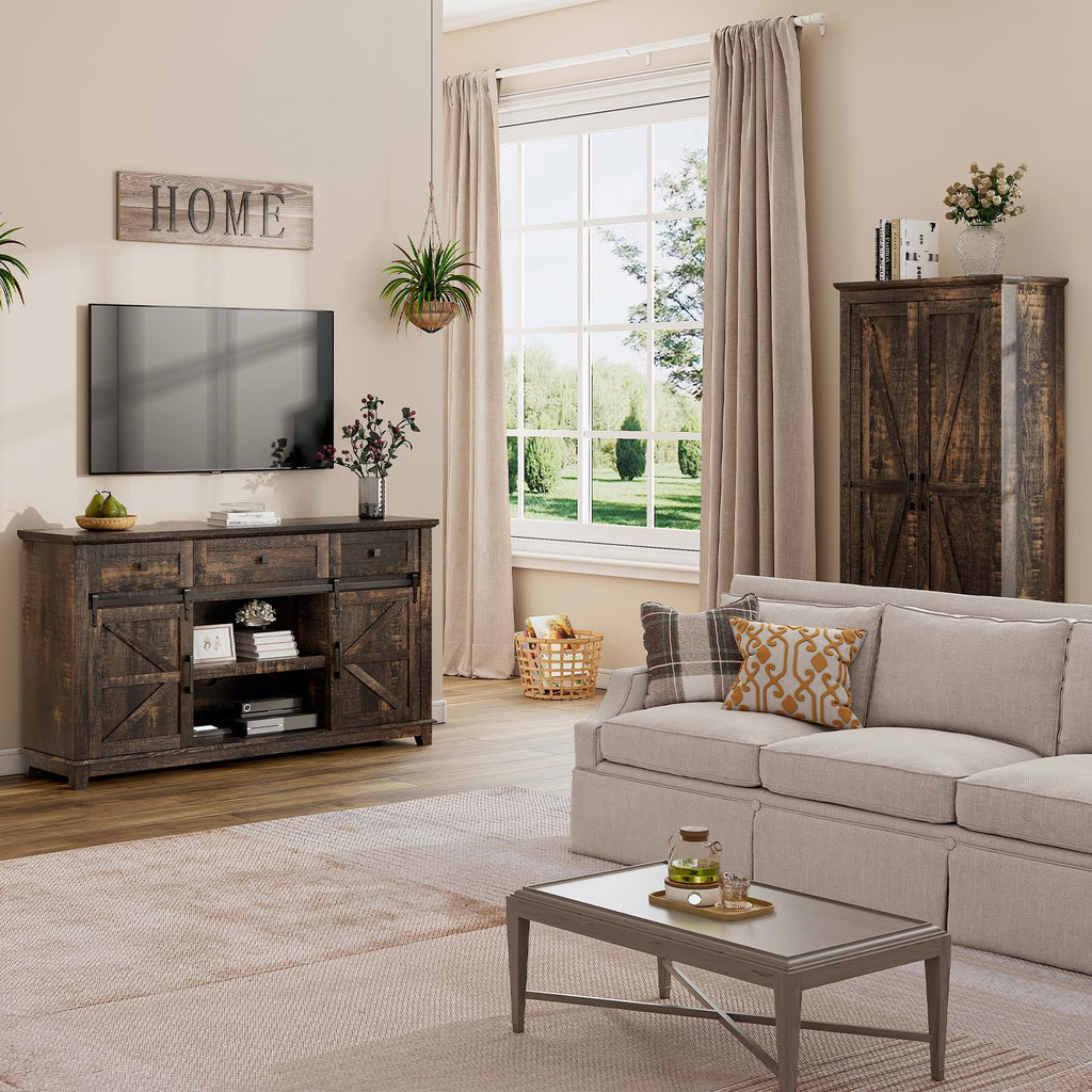 59" Dark Rustic Oak Farmhouse TV Stand with Storage Drawers L1682
