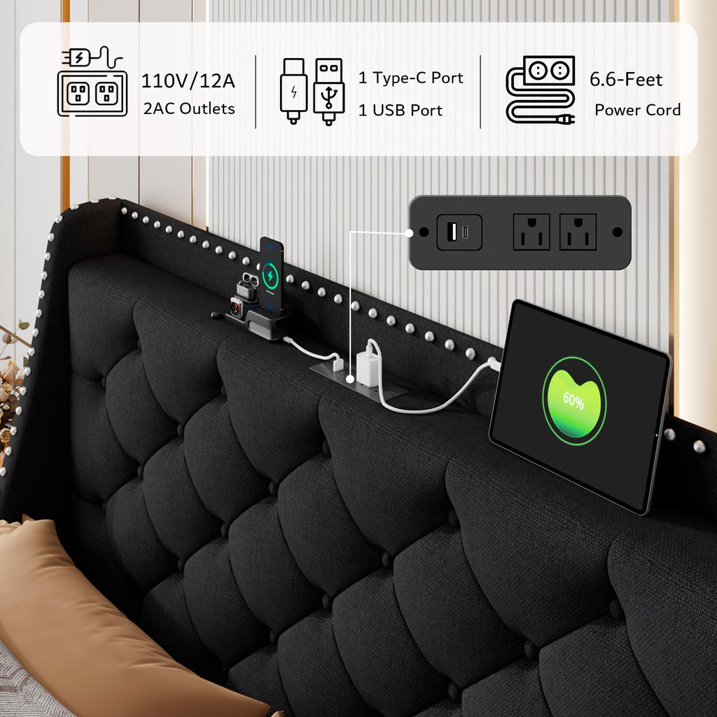 Queen Upholstered Platform Bed with Storage Headboard, Black F209722