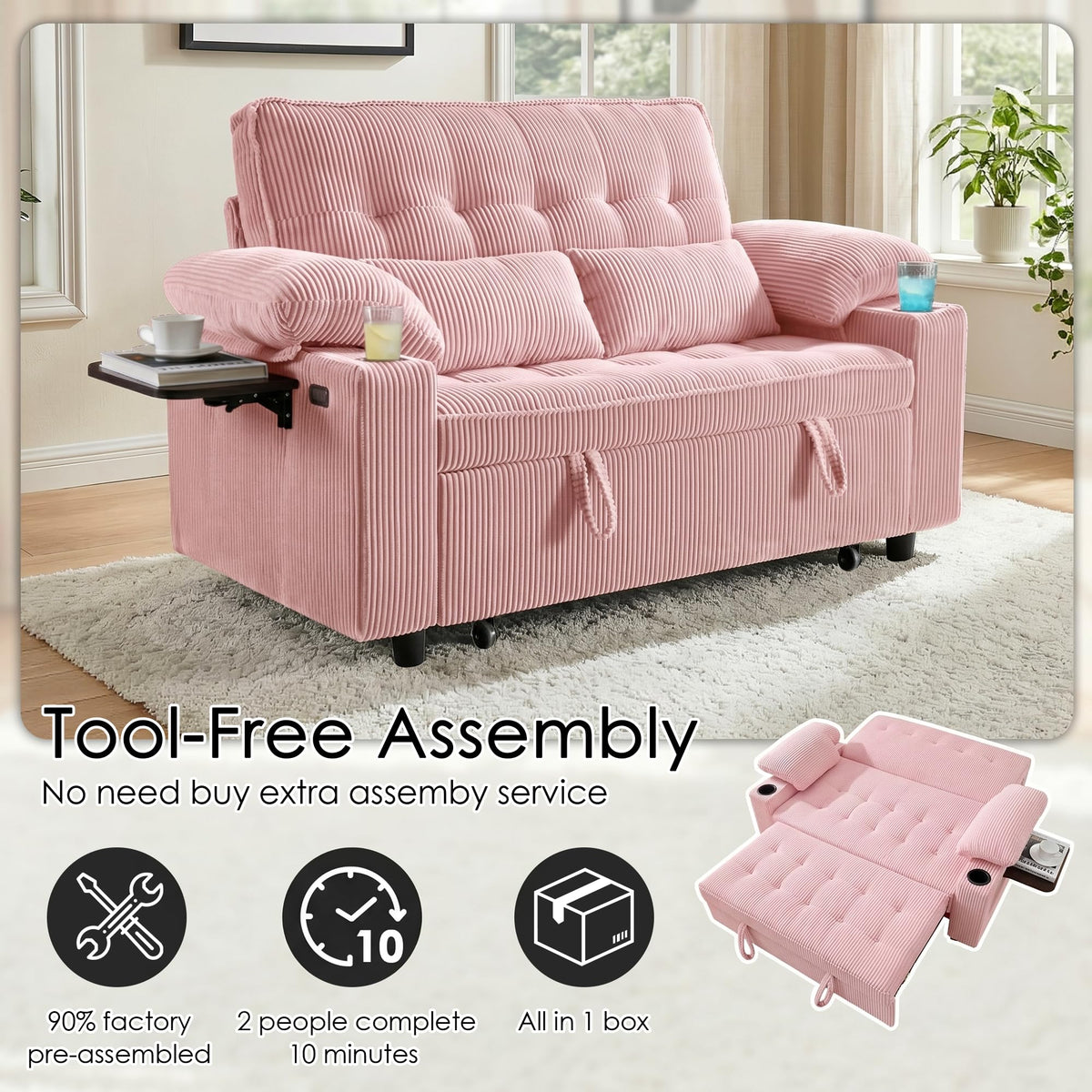 Pink Corduroy Full Size Sleeper Sofa Bed I912203