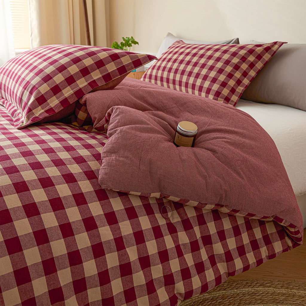 Cotton Plaid King Comforter Set 3 Pieces with 2 Pillow Shams Q78546