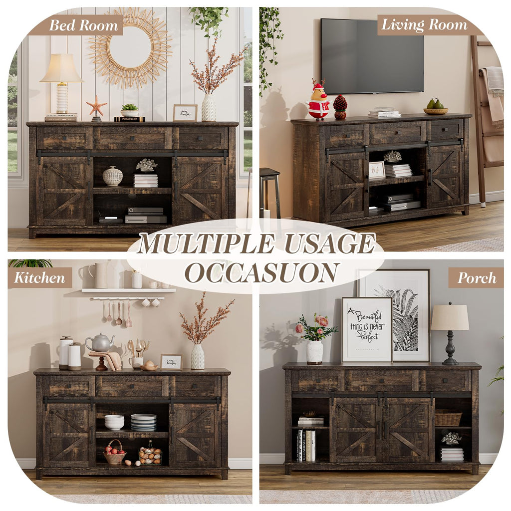 59" Dark Rustic Oak Farmhouse TV Stand with Storage Drawers L1682