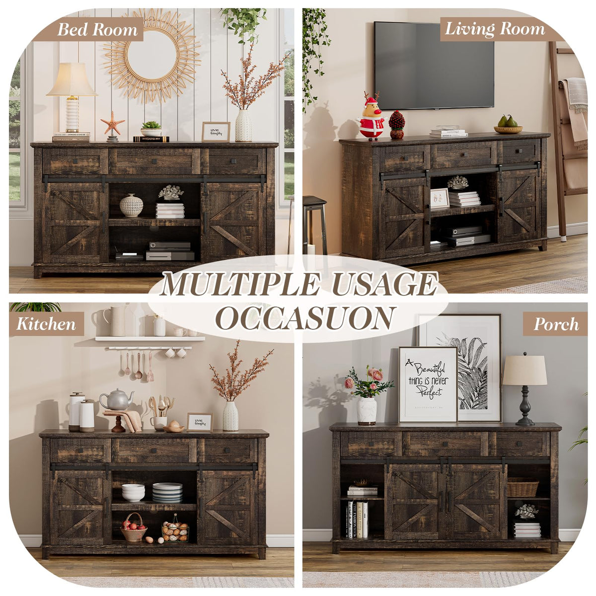 59" Dark Rustic Oak Farmhouse TV Stand with Storage Drawers L1682