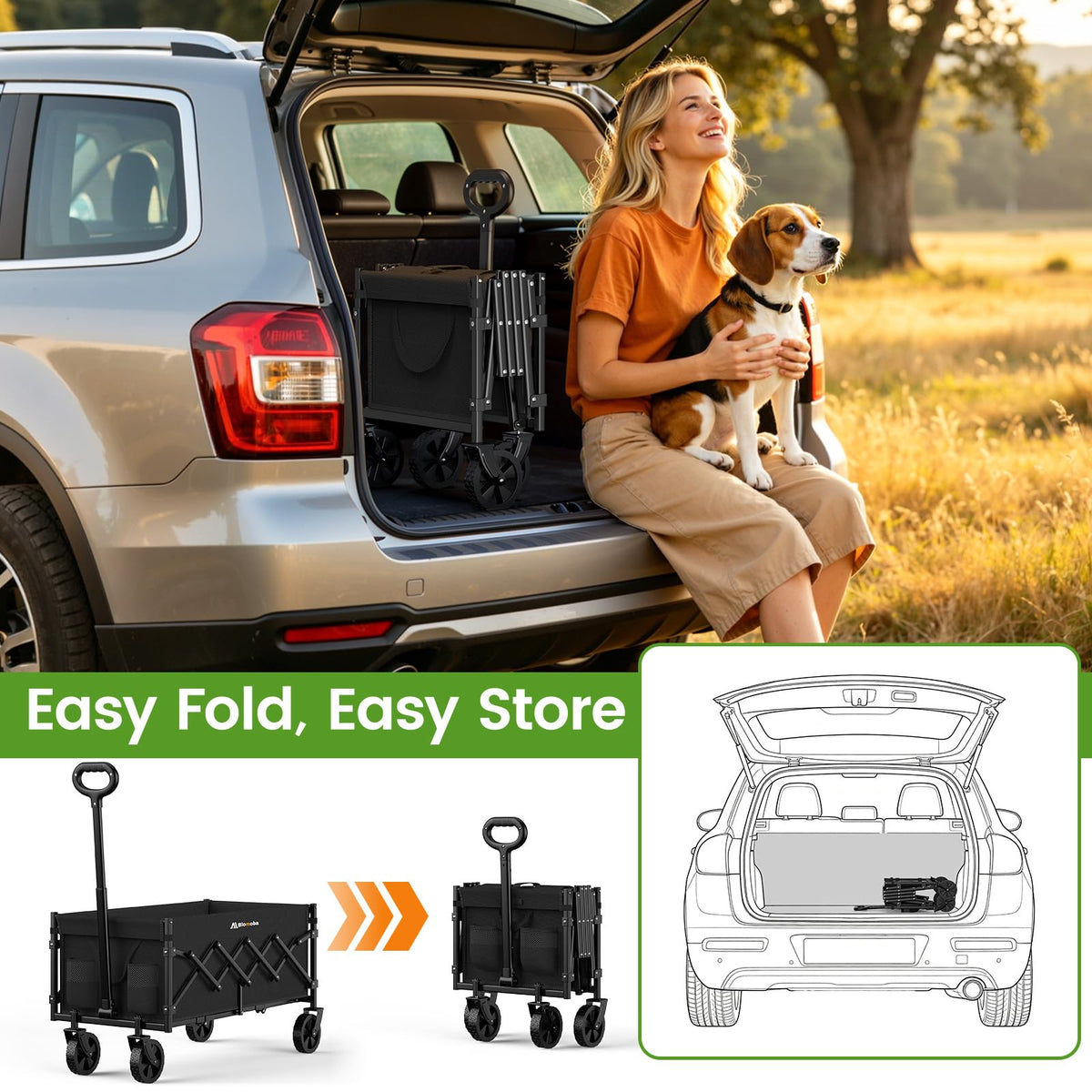 35" Extra Long Folding Wagon with Adjustable Handle & Wheels, Black T7816
