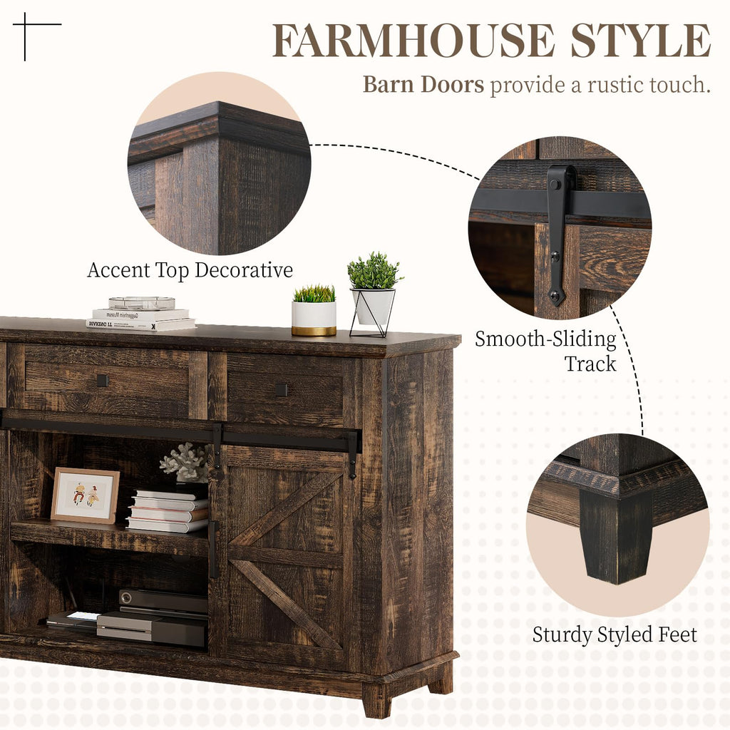 59" Dark Rustic Oak Farmhouse TV Stand with Storage Drawers L1682