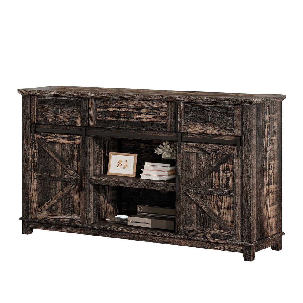 59" Dark Rustic Oak Farmhouse TV Stand with Storage Drawers L1682