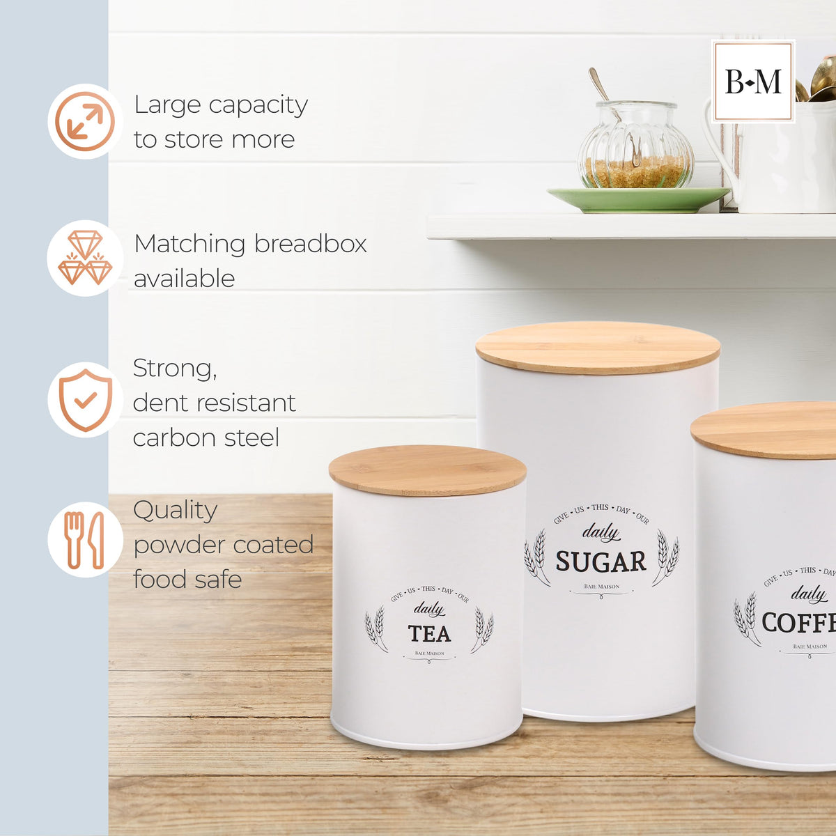 Extra Large White Farmhouse Bread Box with Canisters Set of 3 B4133