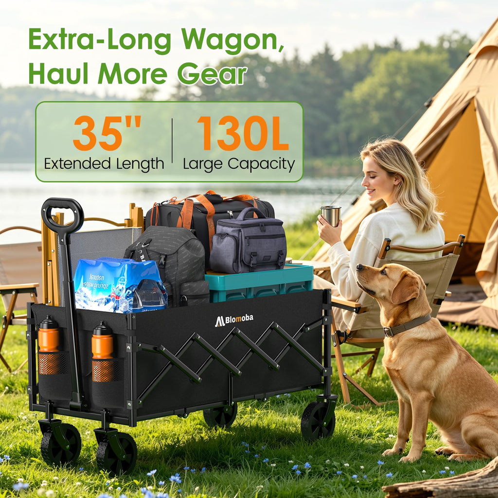 35" Extra Long Folding Wagon with Adjustable Handle & Wheels, Black T7816