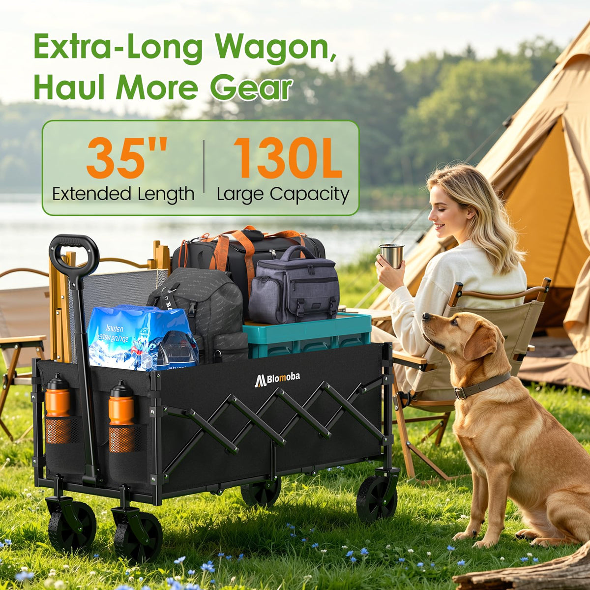 35" Extra Long Folding Wagon with Adjustable Handle & Wheels, Black T7816