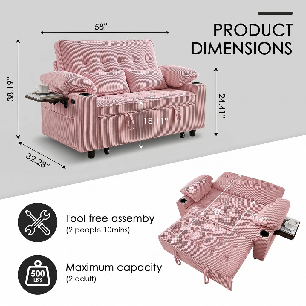 Pink Corduroy Full Size Sleeper Sofa Bed I912203