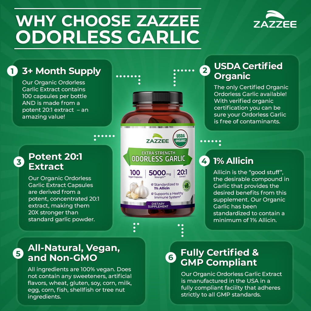 USDA Organic Odorless Garlic 20:1 Extract 100 Capsules B2230
