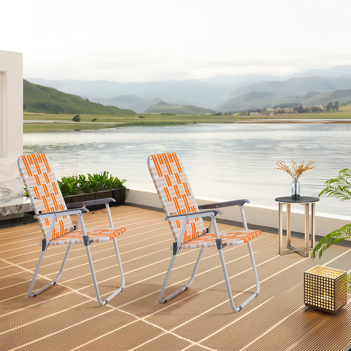 Orange & White Set of 2 Webbed Folding Beach Chairs X275