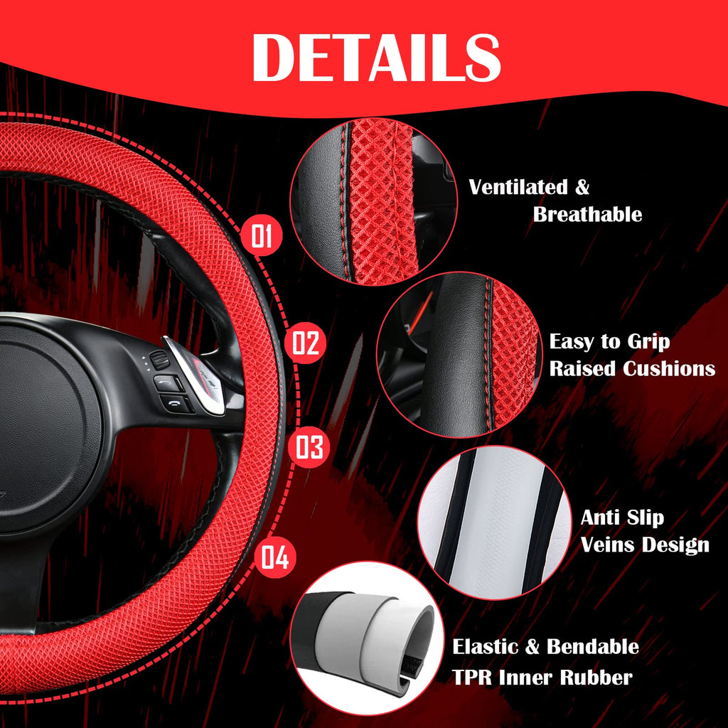 3D Air Mesh Car Seat Covers Full Sets with 4Pcs Floor Mats and Steering Wheel Cover Black Red I6812