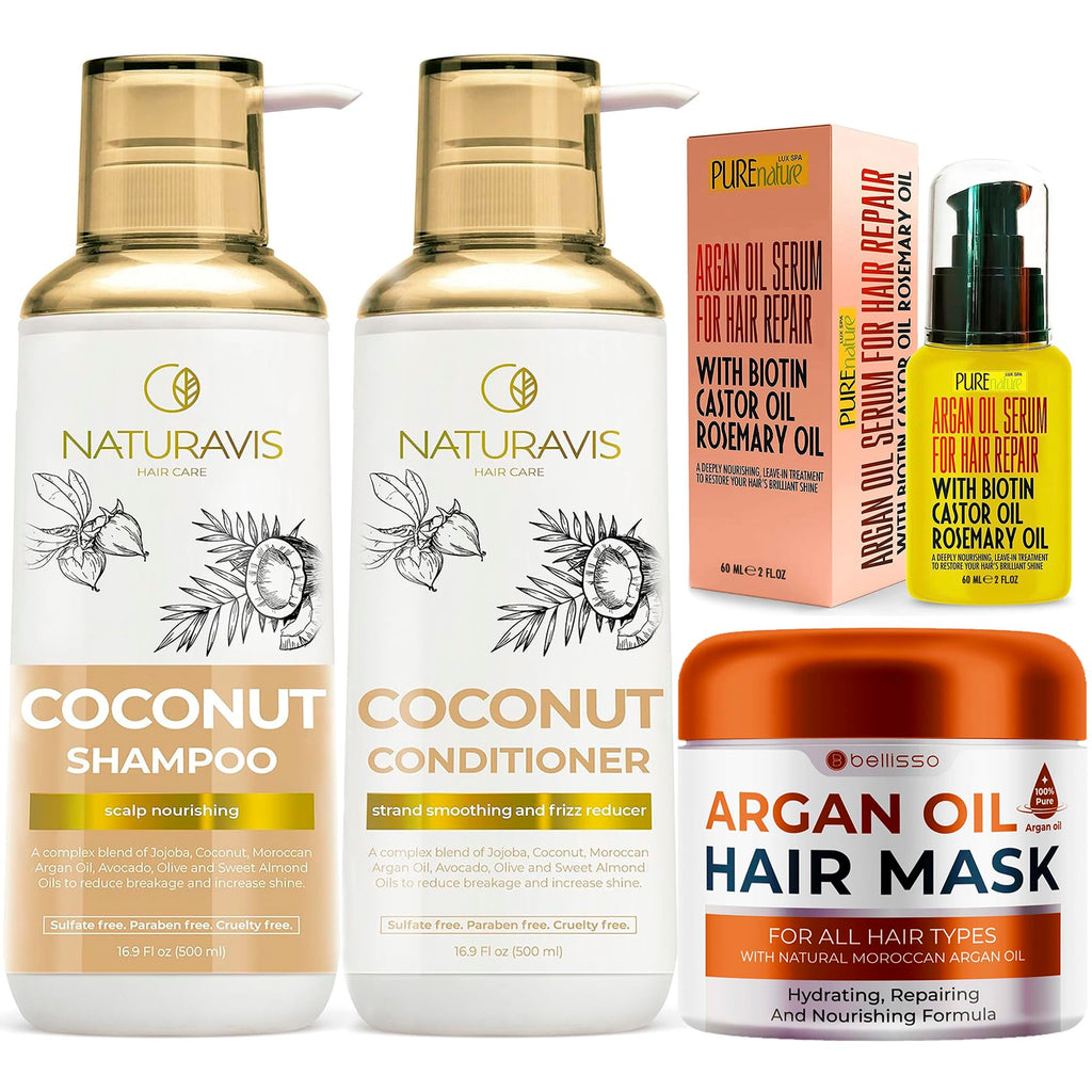 Coconut Shampoo and Conditioner Set and Moroccan Argan Oil Mask and Hair Serum O470