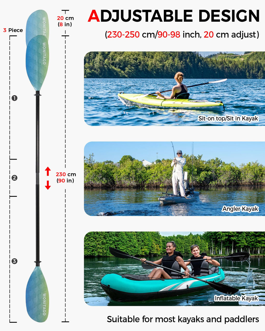 Adjustable Fiberglass Shaft Nylon Blade Kayak Paddle Q487316