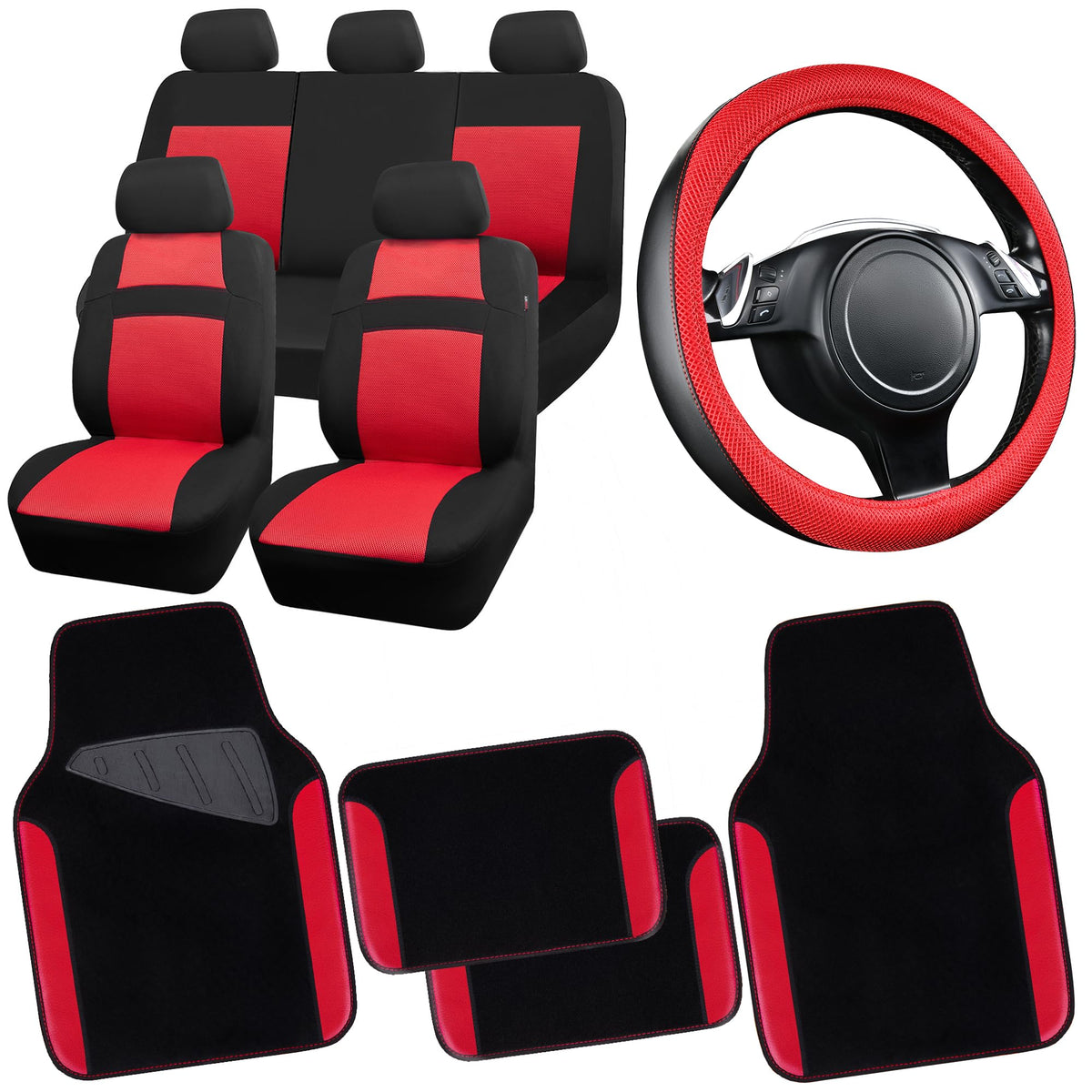 3D Air Mesh Car Seat Covers Full Sets with 4Pcs Floor Mats and Steering Wheel Cover Black Red I6812