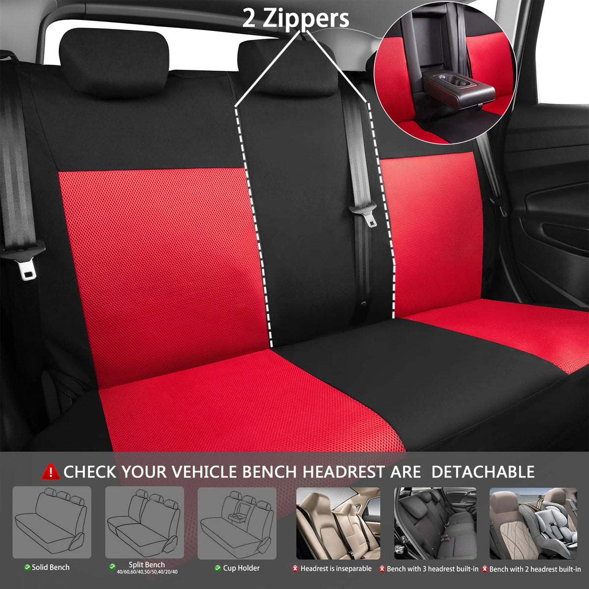 3D Air Mesh Car Seat Covers Full Sets with 4Pcs Floor Mats and Steering Wheel Cover Black Red I6812