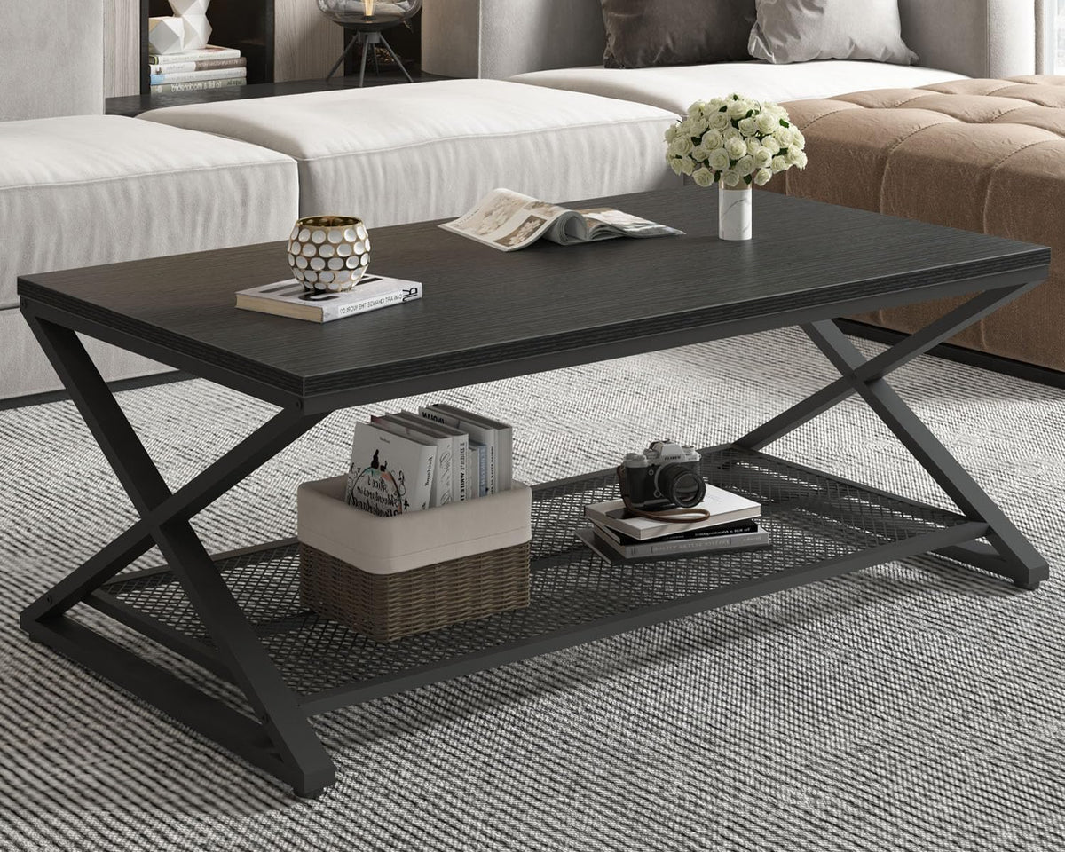 Black 2 Tier Wood Coffee Table with Storage Q46522