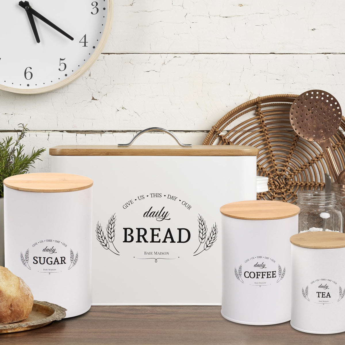Extra Large White Farmhouse Bread Box with Canisters Set of 3 B4133