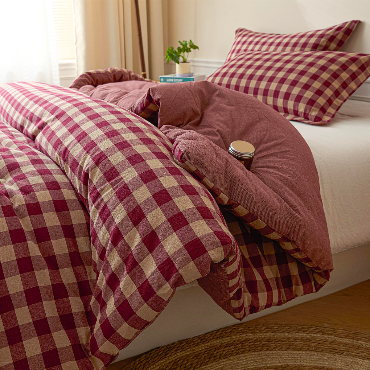 Cotton Plaid King Comforter Set 3 Pieces with 2 Pillow Shams Q78546