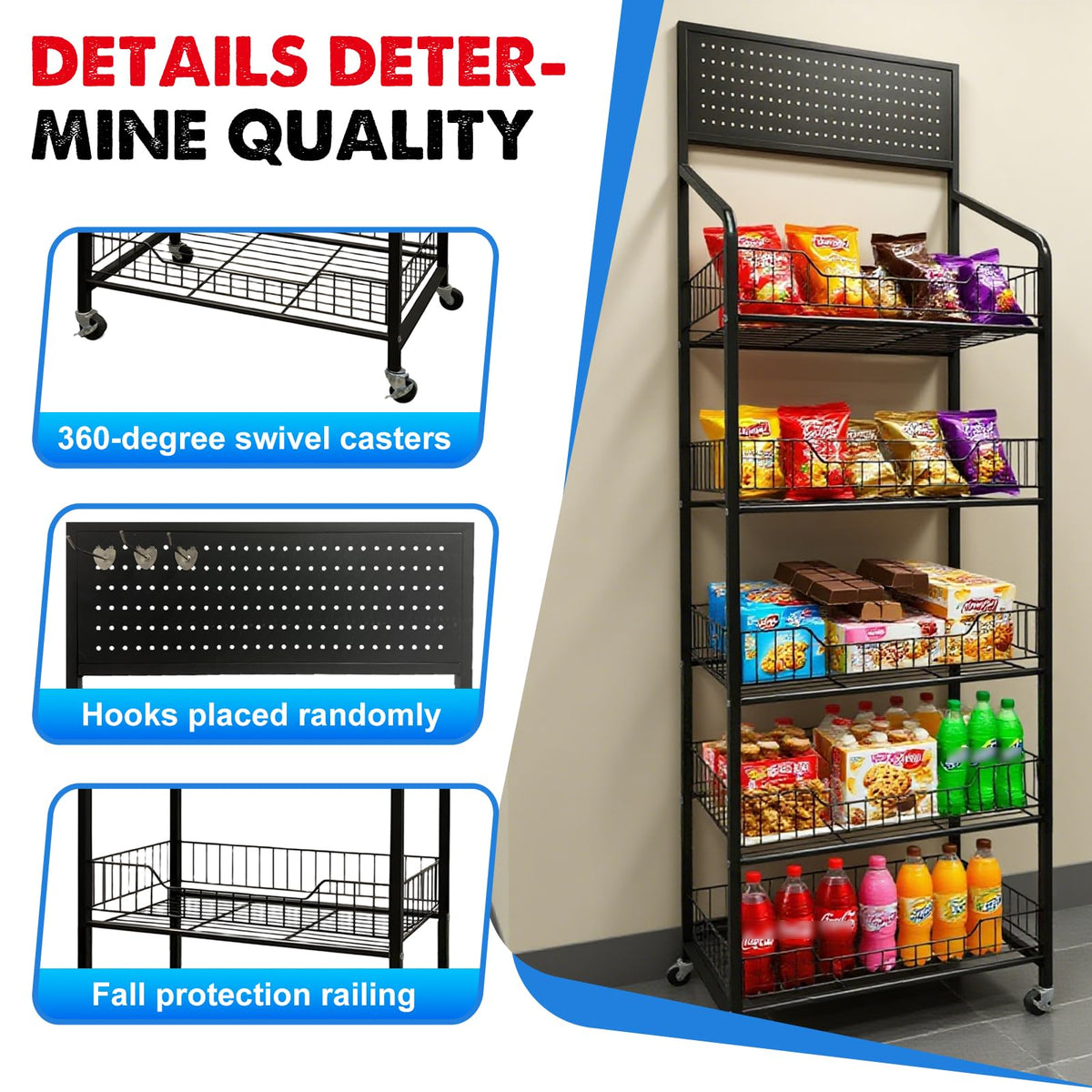 5 Tier Metal Candy Display Rack with Wheels & 15 Hooks D160641