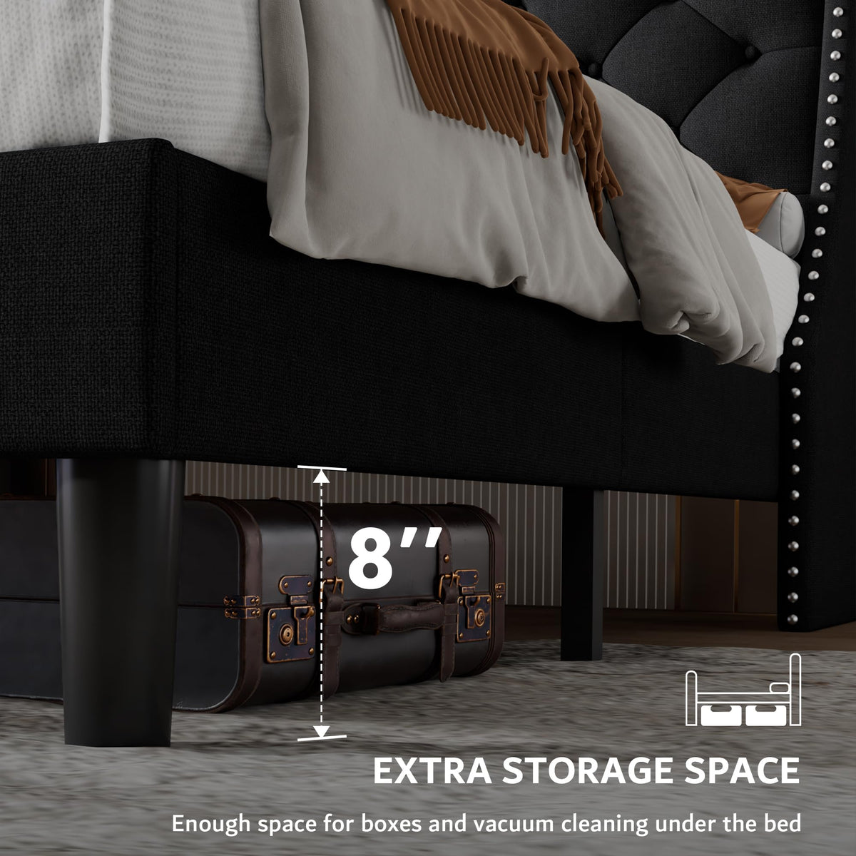 Queen Upholstered Platform Bed with Storage Headboard, Black F209722
