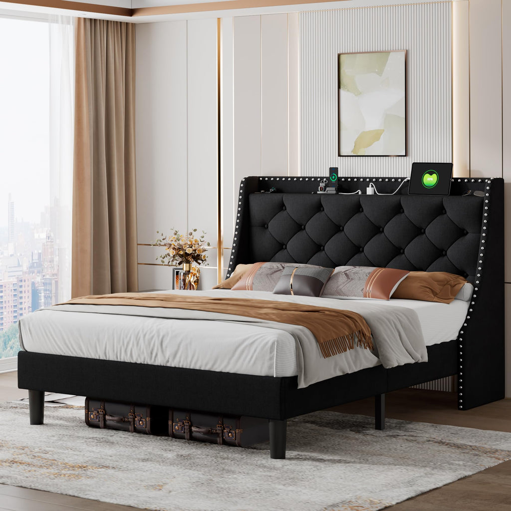 Queen Upholstered Platform Bed with Storage Headboard, Black F209722