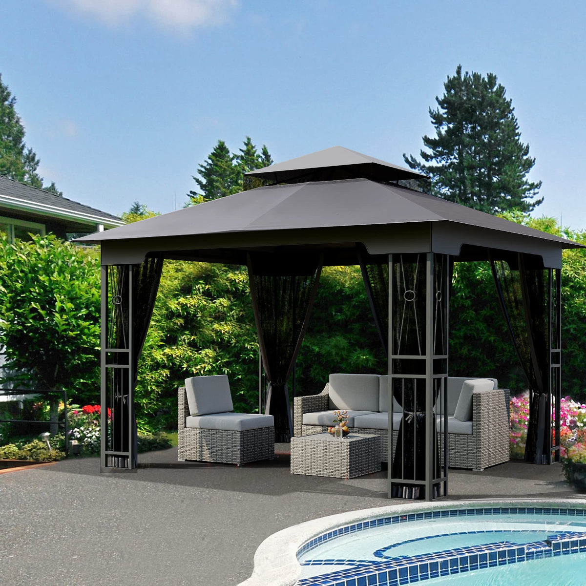 10' X 12' Outdoor Patio Gazebo with Double Roof and Mosquito Netting U8290