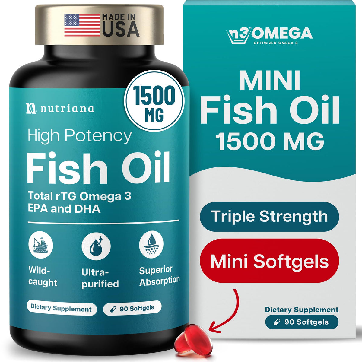 1500mg Omega 3 Fish Oil Softgels with EPA & DHA, 90 Softgels J61937