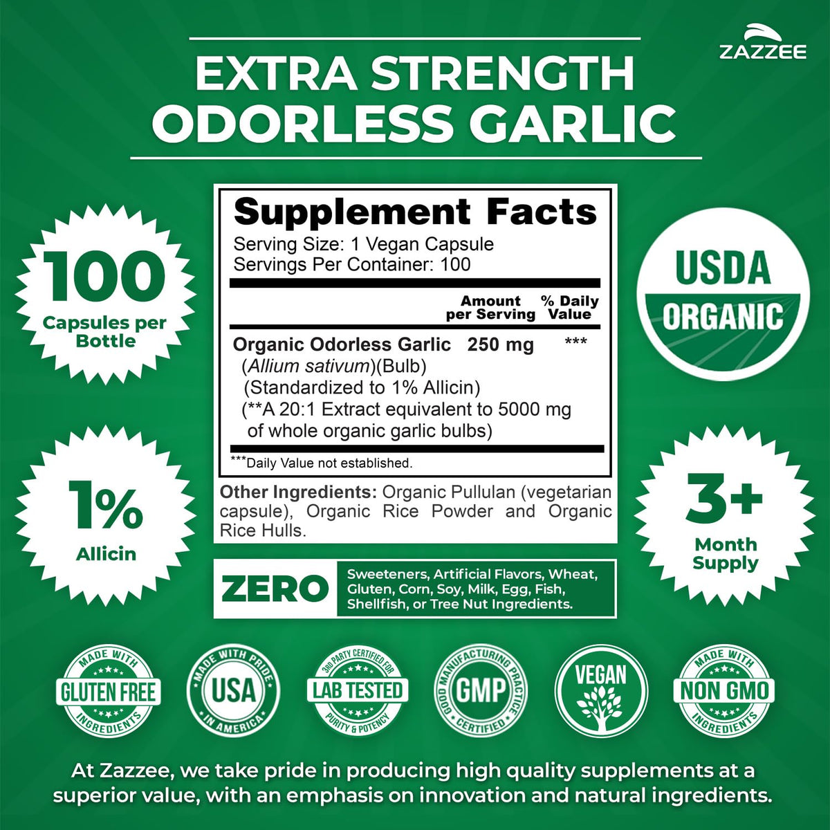 USDA Organic Odorless Garlic 20:1 Extract 100 Capsules B2230