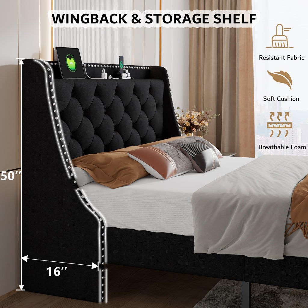 Queen Upholstered Platform Bed with Storage Headboard, Black F209722