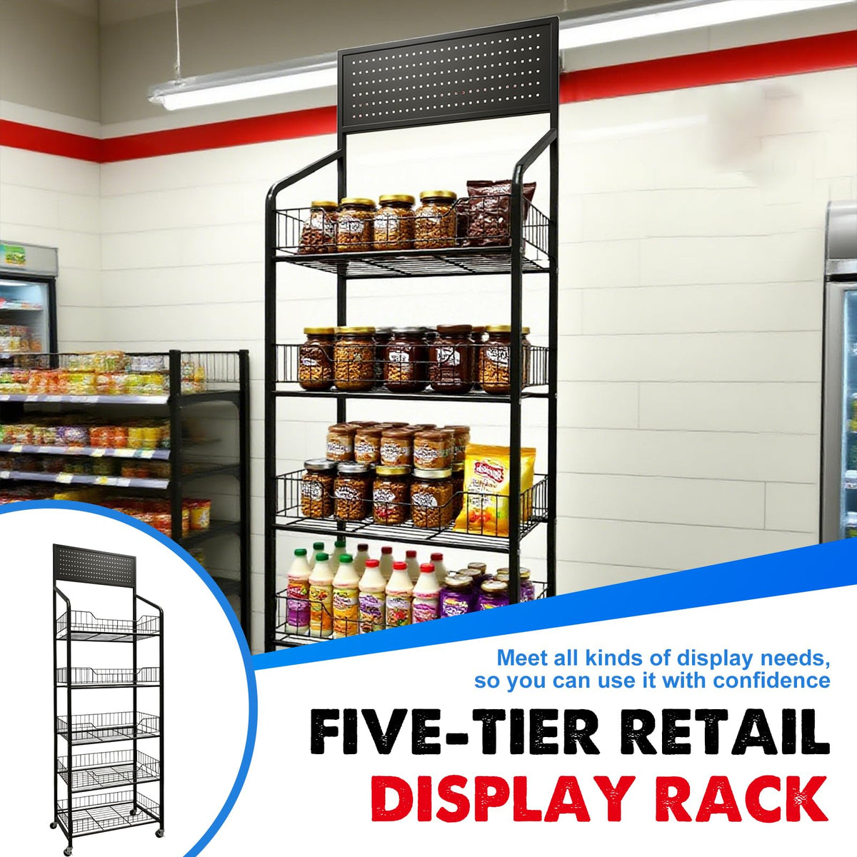 5 Tier Metal Candy Display Rack with Wheels & 15 Hooks D160641