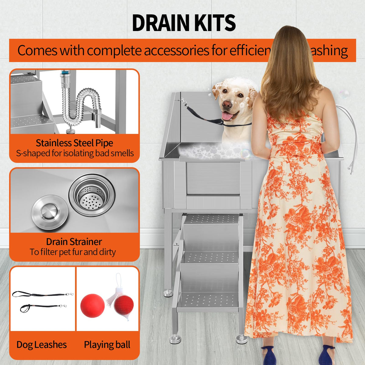 38" Stainless Steel Dog Washing Station with Stairs, Drain & Door T783