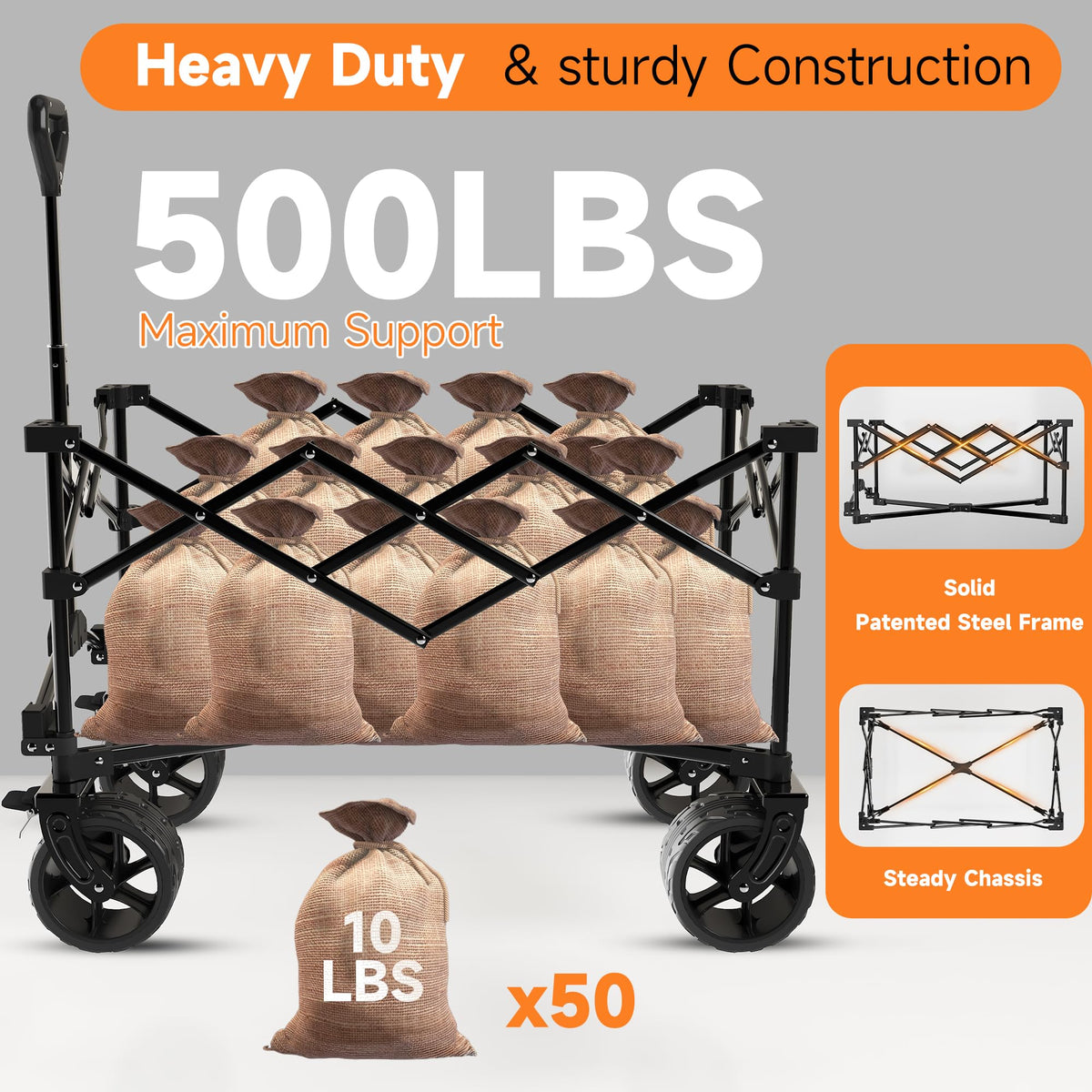 40" Black Collapsible Wagon Cart 500lbs 250L Y3003
