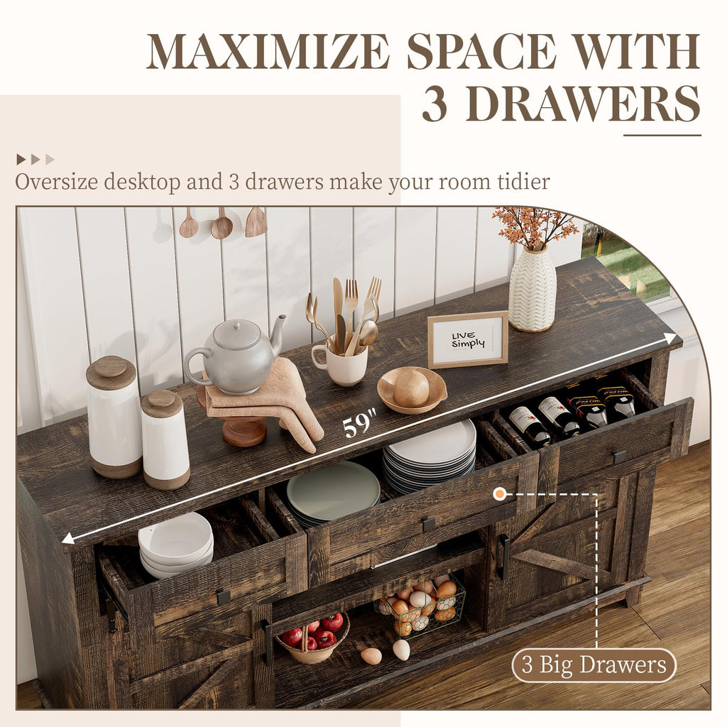 59" Dark Rustic Oak Farmhouse TV Stand with Storage Drawers L1682